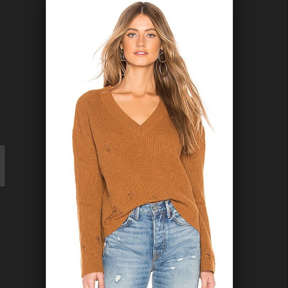 By the Way Mira Distressed V Neck Sweater in Brown
